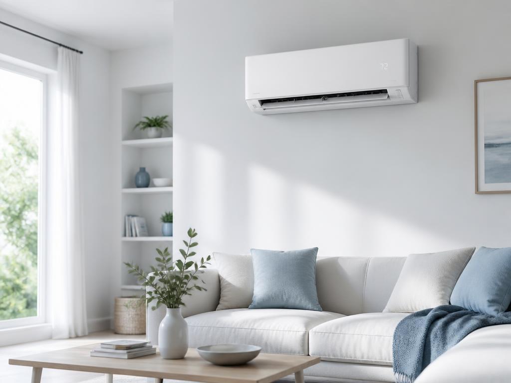 Ductless air conditioning unit in a bright living room