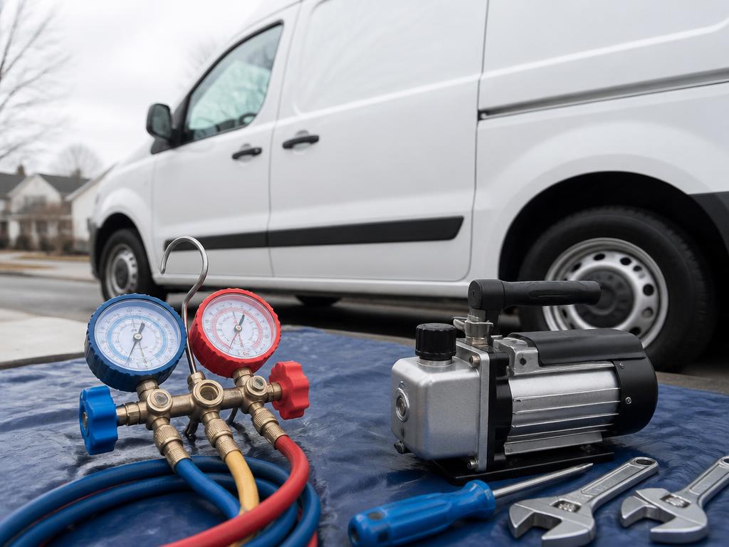 HVAC service tools and gauges beside a service van
